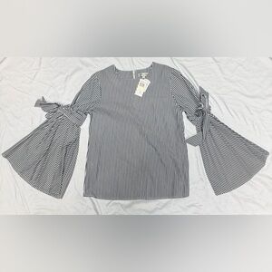 Neiman Marcus NWT Striped Bell-Sleeve Blouse with Tie Cuffs - Navy/White